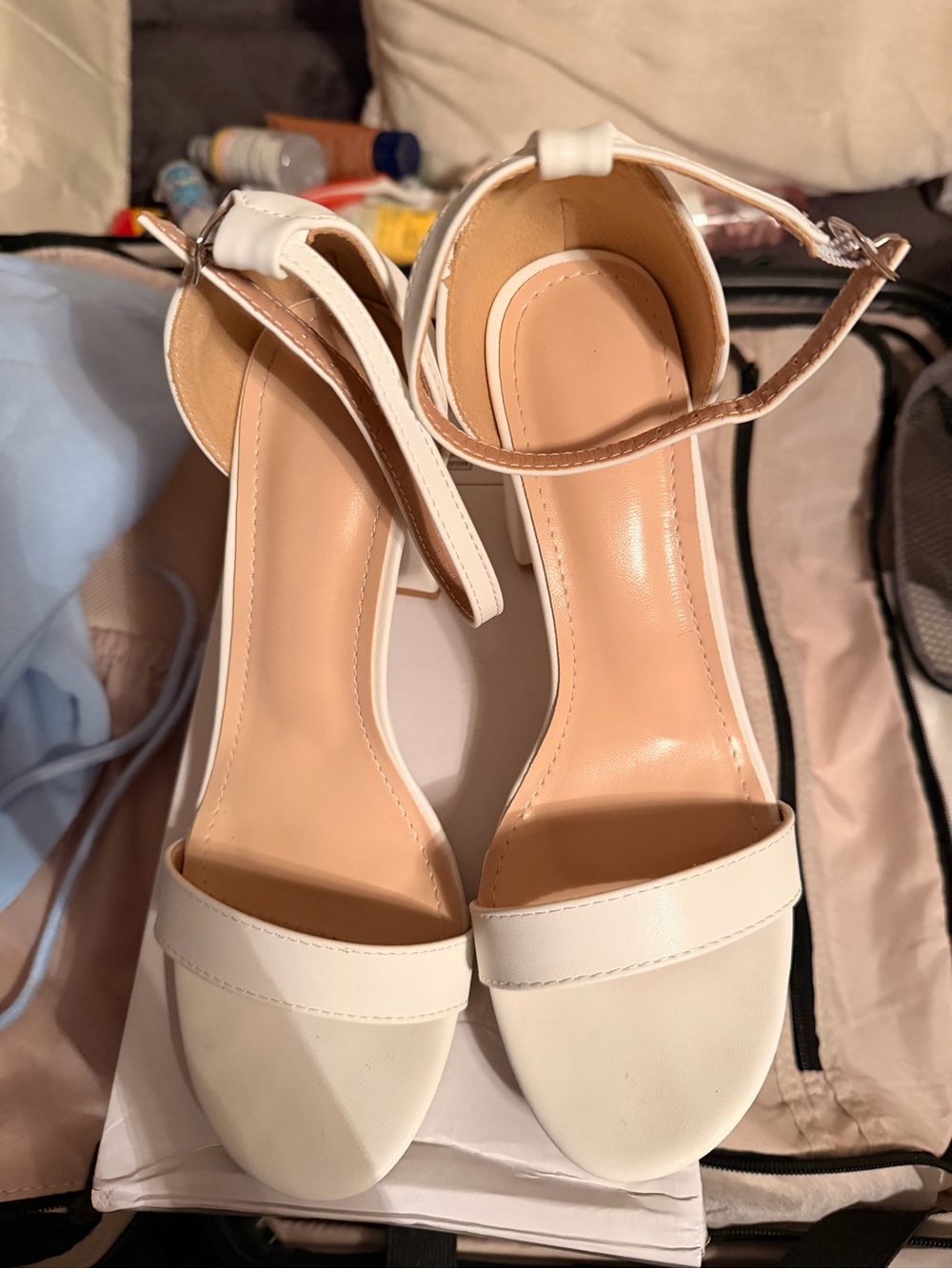 Women’s White Ankle-Strap Block Heel Sandals